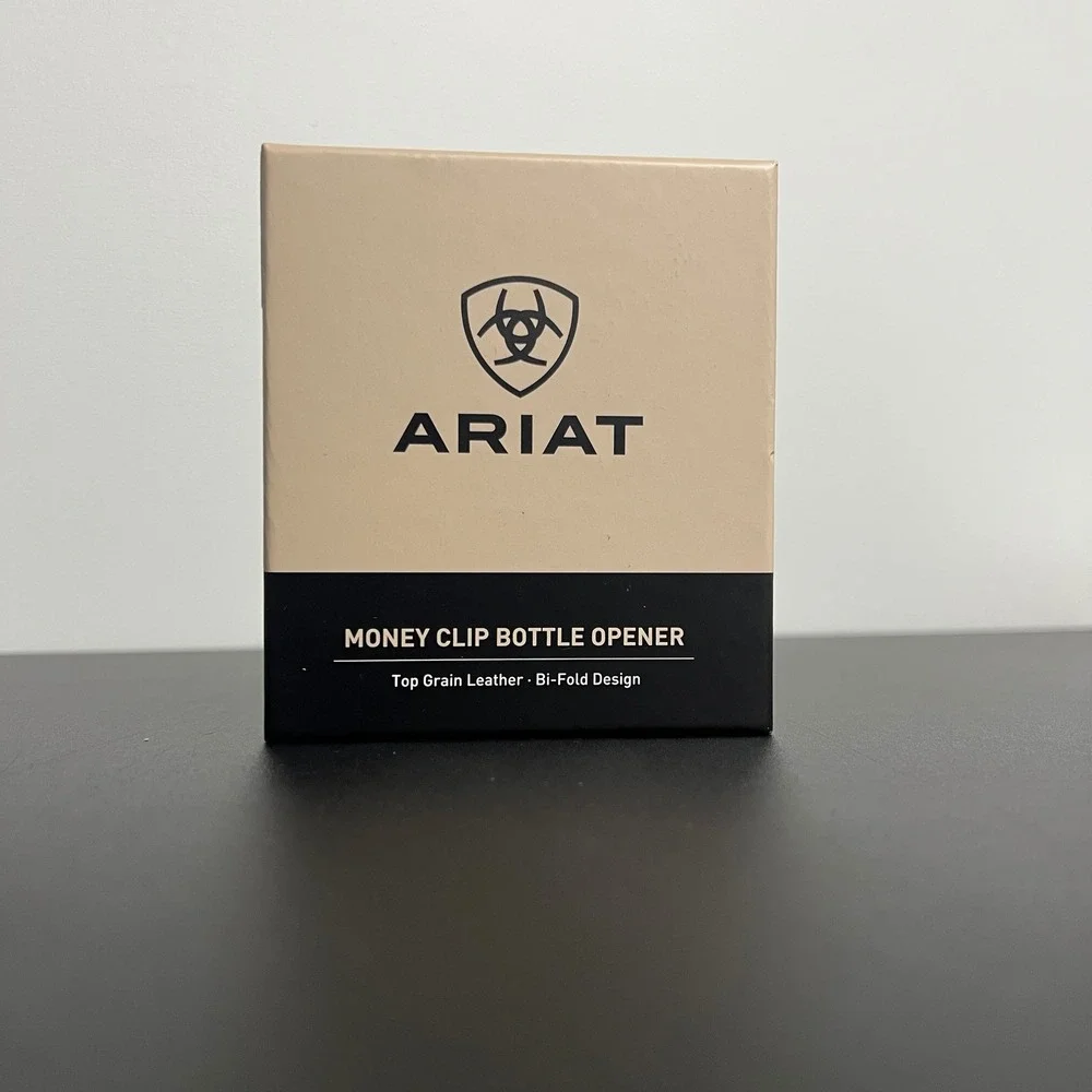 Ariat Mens Brown Top Grain Leather Bi-Fold Money Clip Wallet Bottle Opener NEW
